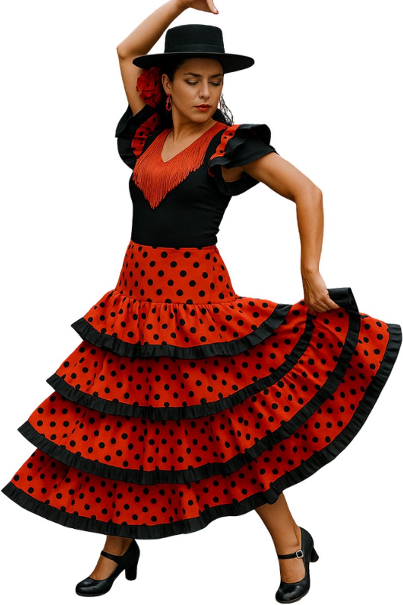 Joya Kids® Spaanse Flamenco Verkleed Jurk Volwassenen | Zwart Rood Glamour Jurk | Carnaval Verkleedjurk Dames | Dansjurk Zwarte Stippen Vrouwen | Spaanse Danseres | Carnavalskleding | Maat L